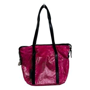 Prada Tessudo pink nylon black leather upcycled glitter zipper tote lock key GUC